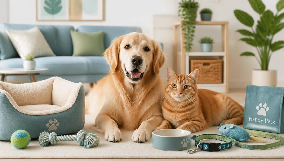 Un chien et un chat entourés d'accessoires : panier, jouets, gamelle et laisse